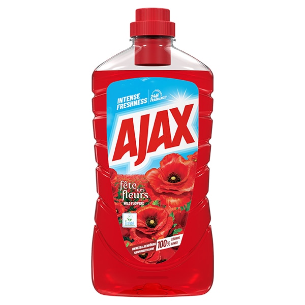 Ajax Fête des Fleurs Wild Flowers universalrengøring i rød flaske med valmueillustration