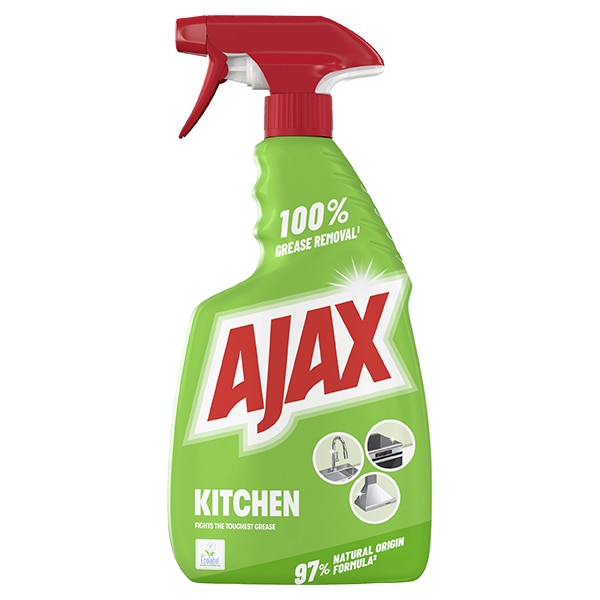 Ajax Kitchen fedtfjernende rengøringsspray til køkken i grøn flaske