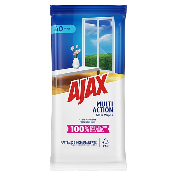 Ajax Multi Action Glass Wipes biologisk nedbrydelige rengøringsservietter til glas 40 stk
