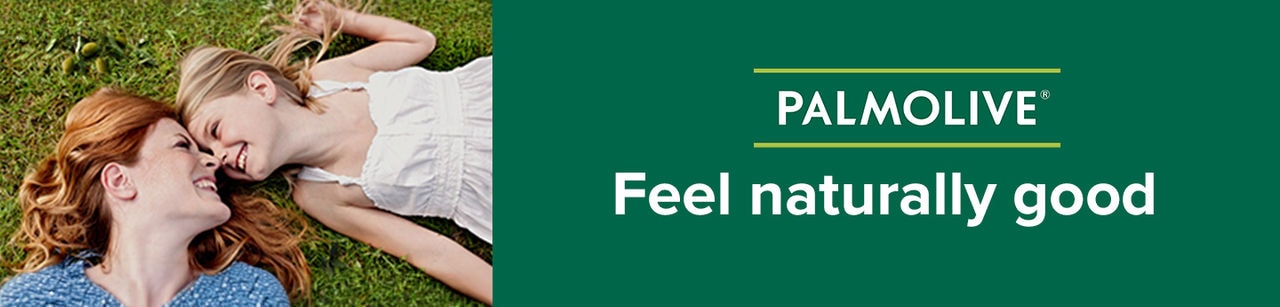 Palmolive banner med mor og datter der ligger i græsset og teksten Feel naturally good