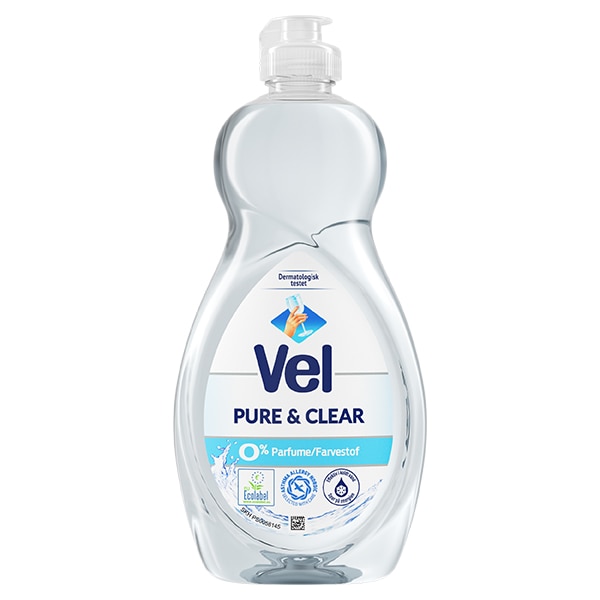 Vel Pure & Clear opvaskemiddel uden parfume og farvestof i klar flaske