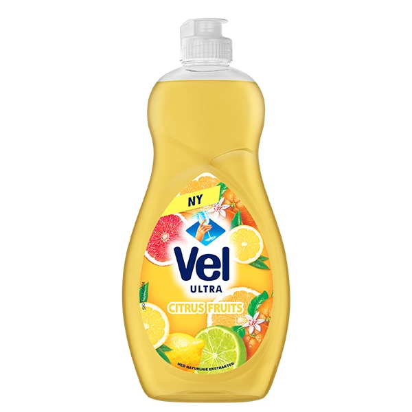 Vel Ultra Citrus Fruits opvaskemiddel med naturlige citrusekstrakter i gul flaske